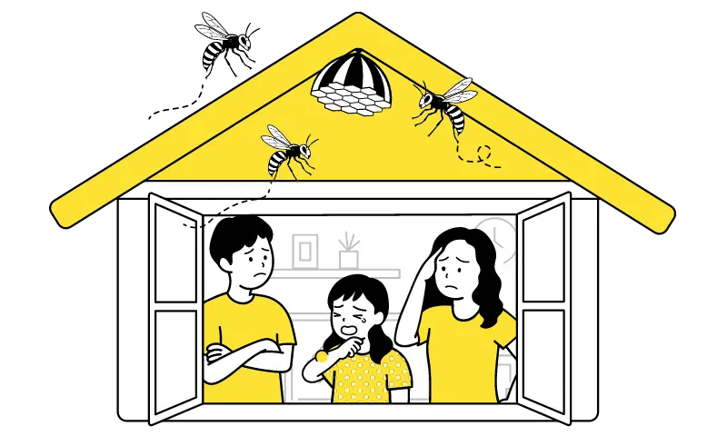 ハチの巣に困る一家