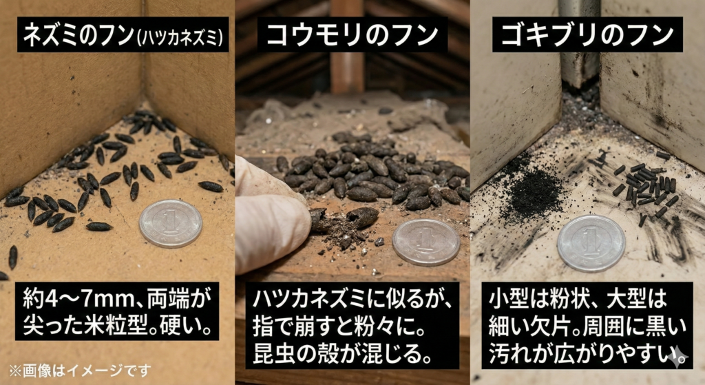 ネズミ・コウモリ・ゴキブリのフン比較