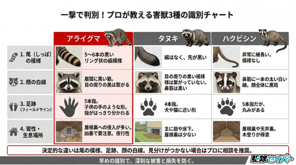 アライグマ・タヌキ・ハクビシンの比較表