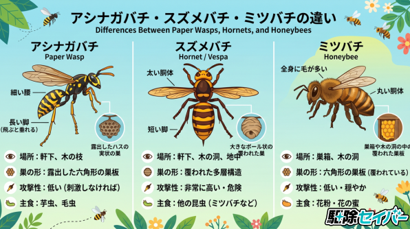 アシナガバチ・スズメバチ・ミツバチの違い