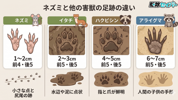 ネズミ以外の害獣の足跡の違い
